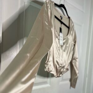 Body Contour Satin Long Sleeve Corset Top Color: SANDSHELL Size: L from Express